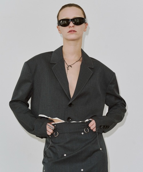 JOSE MOON（ジョゼムーン）の「CUTOFF OVER JACKET/カットオフオーバージャケット（テーラードジャケット・レディース・ブラック/グレー・38/36）」の2枚目の写真