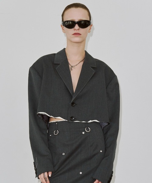 JOSE MOON（ジョゼムーン）の「CUTOFF OVER JACKET/カットオフオーバージャケット（テーラードジャケット・レディース・ブラック/グレー・38/36）」の3枚目の写真