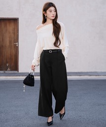 リネン風ピンタック入りワイドパンツ