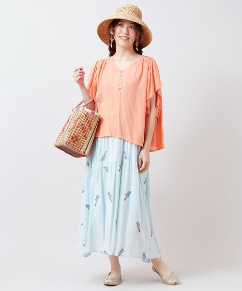 チャイハネ（チャイハネ）の「【チャイハネ】ポンフロラスカート（スカート・レディース・ホワイト/ブルー・FREE）」の6枚目の写真