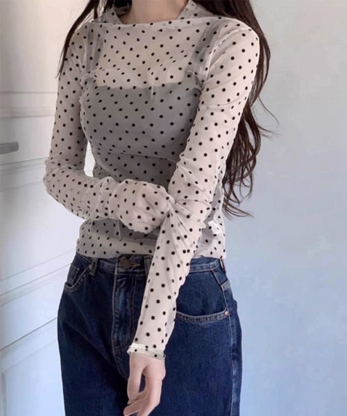 セール】ドット柄シアートップス チュールインナー（Tシャツ