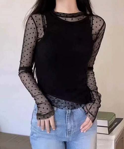 Miniministore（ミニミニストア）の「ドット柄シアートップス チュールインナー（Tシャツ/カットソー・レディース・ブラック/ホワイト/ベージュ・FREE）」の2枚目の写真