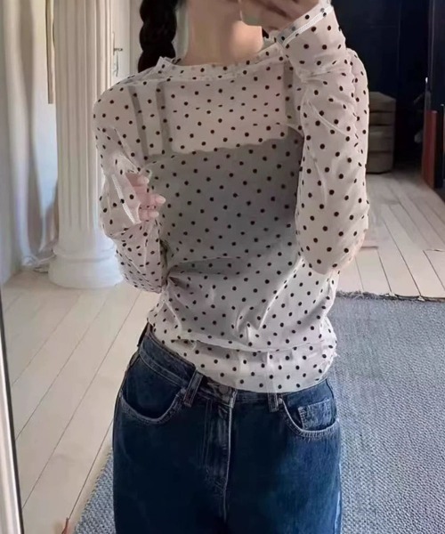 Miniministore（ミニミニストア）の「ドット柄シアートップス チュールインナー（Tシャツ/カットソー・レディース・ブラック/ホワイト/ベージュ・FREE）」の4枚目の写真