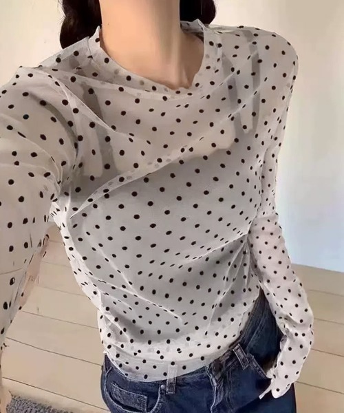 Miniministore（ミニミニストア）の「ドット柄シアートップス チュールインナー（Tシャツ/カットソー・レディース・ブラック/ホワイト/ベージュ・FREE）」の5枚目の写真