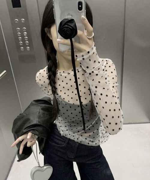 Miniministore（ミニミニストア）の「ドット柄シアートップス チュールインナー（Tシャツ/カットソー・レディース・ブラック/ホワイト/ベージュ・FREE）」の8枚目の写真