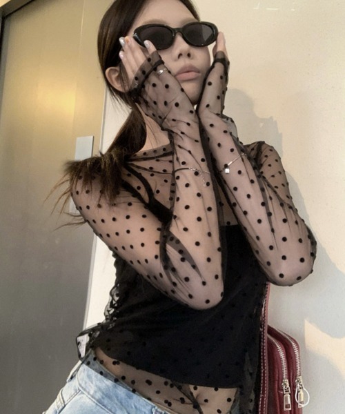Miniministore（ミニミニストア）の「ドット柄シアートップス チュールインナー（Tシャツ/カットソー・レディース・ブラック/ホワイト/ベージュ・FREE）」の11枚目の写真