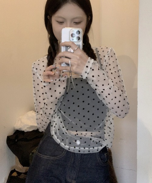 Miniministore（ミニミニストア）の「ドット柄シアートップス チュールインナー（Tシャツ/カットソー・レディース・ブラック/ホワイト/ベージュ・FREE）」の15枚目の写真