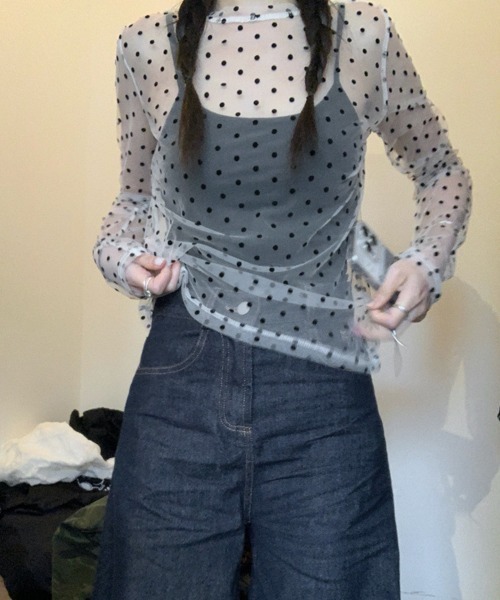 Miniministore（ミニミニストア）の「ドット柄シアートップス チュールインナー（Tシャツ/カットソー・レディース・ブラック/ホワイト/ベージュ・FREE）」の16枚目の写真