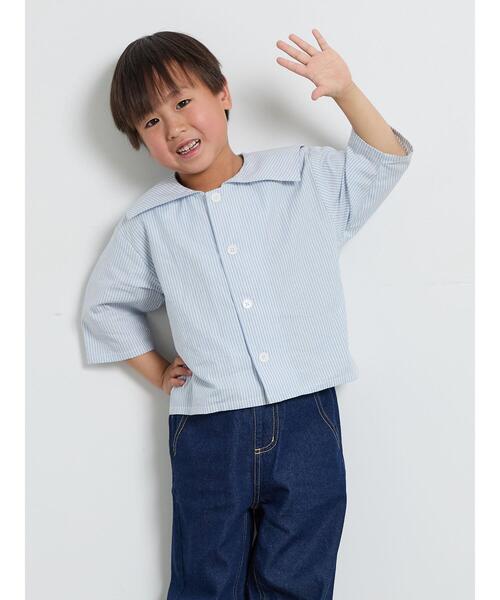 Samansa Mos2 Lagom（サマンサモスモスラーゴム）の「☆ストライプ柄セーラーカラーシャツ（シャツ/ブラウス・キッズ・レッド/ブルー・100/110/120/95/130）」の2枚目の写真