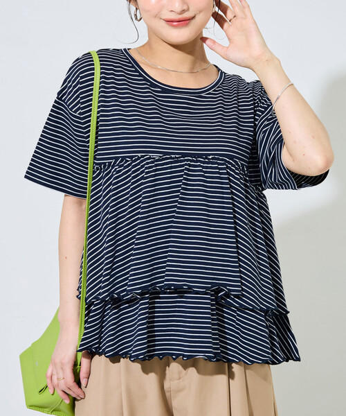 FREAK'S STORE(フリークスストア)の「限定展開 ボーダー フリル 切り替え 半袖 トップス(Tシャツ/カットソー・レディース・ブラック/オフホワイト/チャコール/ネイビー/グリーン・フリ-)」の5枚目の写真