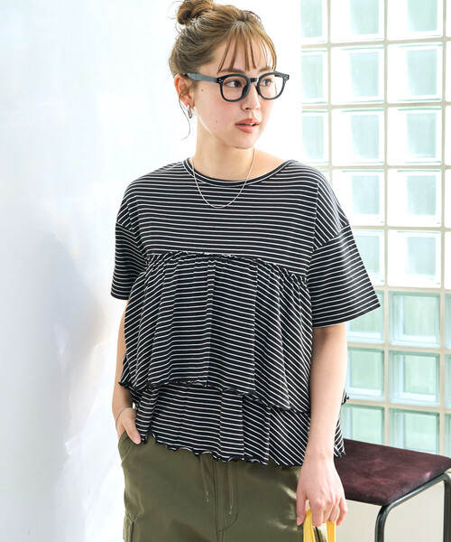 FREAK'S STORE(フリークスストア)の「限定展開 ボーダー フリル 切り替え 半袖 トップス(Tシャツ/カットソー・レディース・ブラック/オフホワイト/チャコール/ネイビー/グリーン・フリ-)」の9枚目の写真