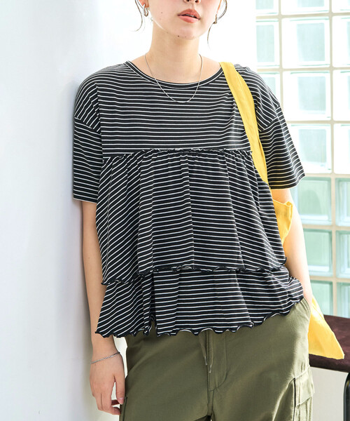 FREAK'S STORE(フリークスストア)の「限定展開 ボーダー フリル 切り替え 半袖 トップス(Tシャツ/カットソー・レディース・ブラック/オフホワイト/チャコール/ネイビー/グリーン・フリ-)」の11枚目の写真