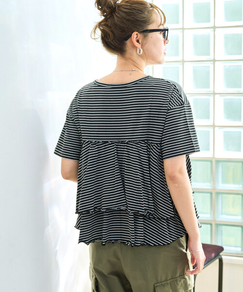 FREAK'S STORE(フリークスストア)の「限定展開 ボーダー フリル 切り替え 半袖 トップス(Tシャツ/カットソー・レディース・ブラック/オフホワイト/チャコール/ネイビー/グリーン・フリ-)」の12枚目の写真