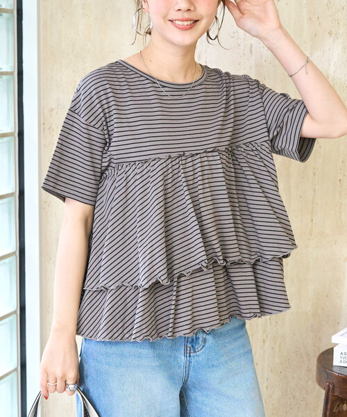 FREAK'S STORE(フリークスストア)の「限定展開 ボーダー フリル 切り替え 半袖 トップス(Tシャツ/カットソー・レディース・ブラック/オフホワイト/チャコール/ネイビー/グリーン・フリ-)」の14枚目の写真