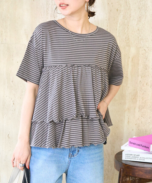 FREAK'S STORE(フリークスストア)の「限定展開 ボーダー フリル 切り替え 半袖 トップス(Tシャツ/カットソー・レディース・ブラック/オフホワイト/チャコール/ネイビー/グリーン・フリ-)」の16枚目の写真