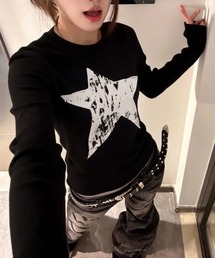 スター星ロゴクルーネックTシャツ ロン T 前面プリント クルーネック(丸首)
