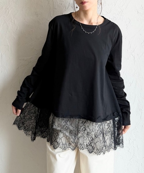 She's Closet(シーズクローゼット)の「長袖 裾レースドッキングロンT レイヤードインナー トップス(Tシャツ/カットソー・レディース・ホワイト/ブラック・FREE)」の2枚目の写真