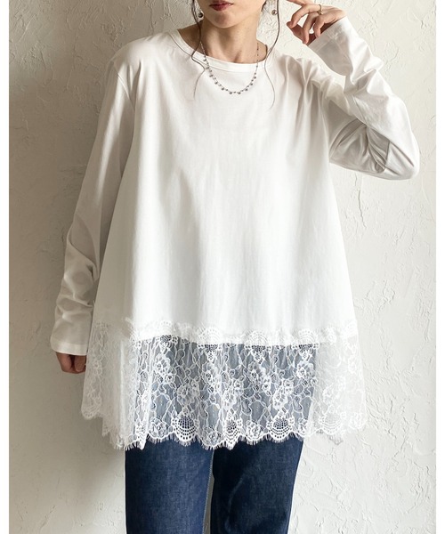She's Closet(シーズクローゼット)の「長袖 裾レースドッキングロンT レイヤードインナー トップス(Tシャツ/カットソー・レディース・ホワイト/ブラック・FREE)」の7枚目の写真