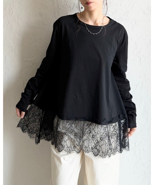 She's Closet(シーズクローゼット)の「長袖 裾レースドッキングロンT レイヤードインナー トップス(Tシャツ/カットソー・レディース・ホワイト/ブラック・FREE)」の8枚目の写真