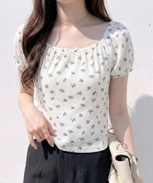 アイレット小花柄パフスリーブTシャツ