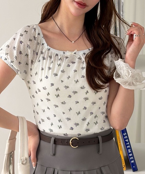 muet.(ミュエ)の「アイレット小花柄パフスリーブTシャツ(Tシャツ/カットソー・レディース・ピンク/オフホワイト・MEDIUM/LARGE)」の13枚目の写真