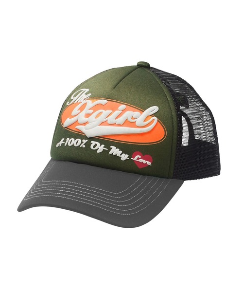 X-girl(エックスガール)の「OVAL LOGO TRUCKER CAP(キャップ・レディース・ブラック/オリーブ・ONE SIZE)」の1枚目の写真