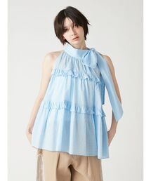 ドット柄ボウタイリボンティアードブラウス