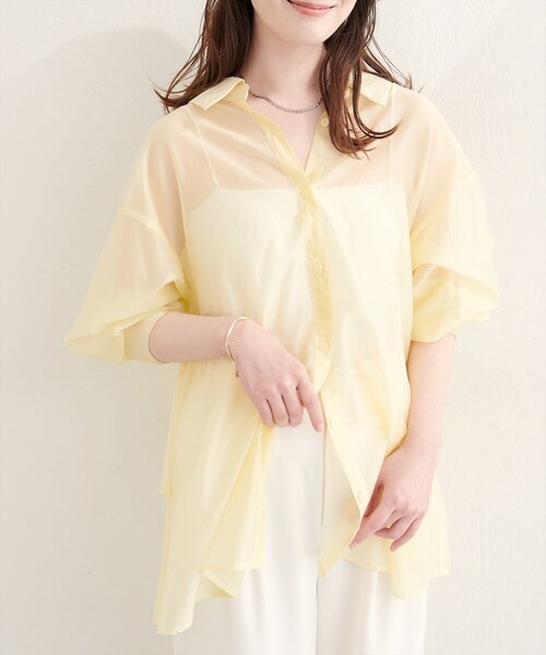 natural couture(ナチュラルクチュール)の「【sherbet line】接触冷感バックフリルシアーシャツ(シャツ/ブラウス・レディース・オフホワイト/ブラウン/ピンク/イエロー・FREE)」の1枚目の写真