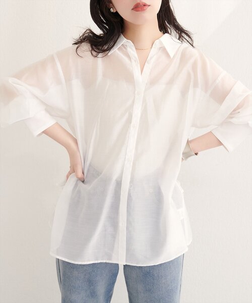 natural couture(ナチュラルクチュール)の「【sherbet line】接触冷感バックフリルシアーシャツ(シャツ/ブラウス・レディース・オフホワイト/ブラウン/ピンク/イエロー・FREE)」の5枚目の写真