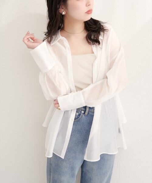natural couture(ナチュラルクチュール)の「【sherbet line】接触冷感バックフリルシアーシャツ(シャツ/ブラウス・レディース・オフホワイト/ブラウン/ピンク/イエロー・FREE)」の6枚目の写真