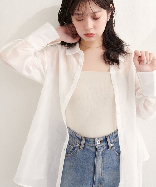 natural couture(ナチュラルクチュール)の「【sherbet line】接触冷感バックフリルシアーシャツ(シャツ/ブラウス・レディース・オフホワイト/ブラウン/ピンク/イエロー・FREE)」の7枚目の写真