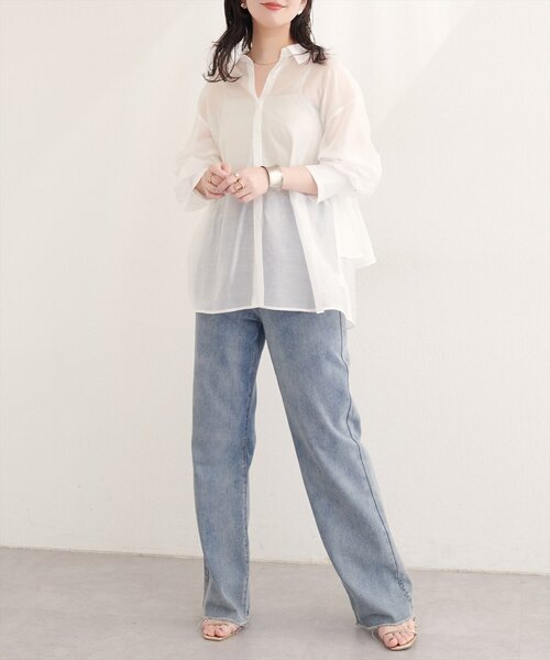 natural couture(ナチュラルクチュール)の「【sherbet line】接触冷感バックフリルシアーシャツ(シャツ/ブラウス・レディース・オフホワイト/ブラウン/ピンク/イエロー・FREE)」の8枚目の写真