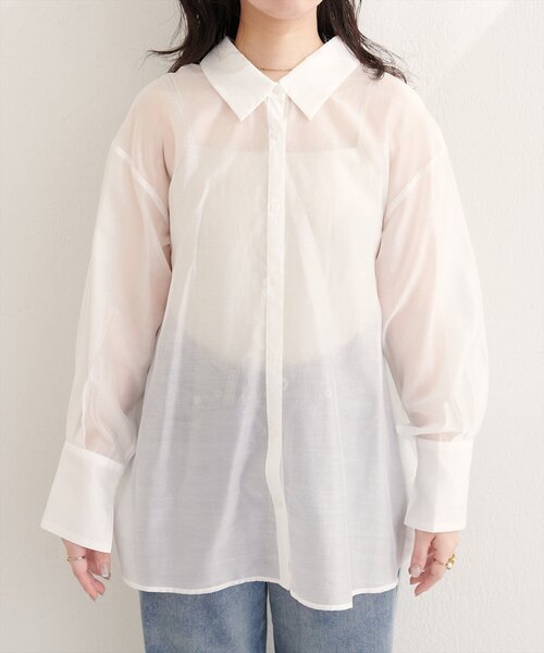 natural couture(ナチュラルクチュール)の「【sherbet line】接触冷感バックフリルシアーシャツ(シャツ/ブラウス・レディース・オフホワイト/ブラウン/ピンク/イエロー・FREE)」の9枚目の写真