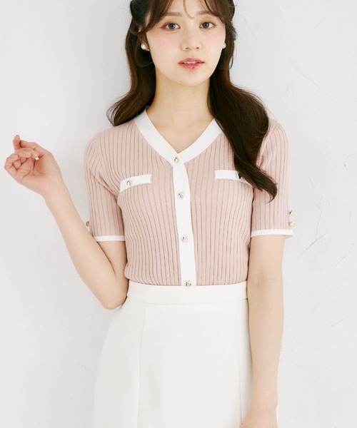tocco closet(トッコ クローゼット)の「【ZOZO限定】接触冷感フェイクポケット装飾Vネック配色半袖リブニットトップス(Tシャツ/カットソー・レディース・ネイビー/オフホワイト/ピンク/ブラック/ミント・M)」の5枚目の写真