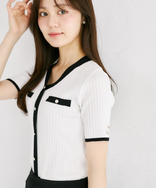 tocco closet(トッコ クローゼット)の「【ZOZO限定】接触冷感フェイクポケット装飾Vネック配色半袖リブニットトップス(Tシャツ/カットソー・レディース・ネイビー/オフホワイト/ピンク/ブラック/ミント・M)」の9枚目の写真