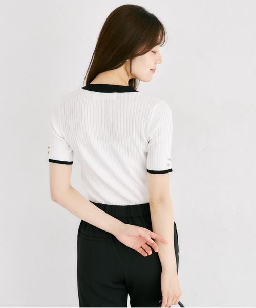 tocco closet(トッコ クローゼット)の「【ZOZO限定】接触冷感フェイクポケット装飾Vネック配色半袖リブニットトップス(Tシャツ/カットソー・レディース・ネイビー/オフホワイト/ピンク/ブラック/ミント・M)」の10枚目の写真