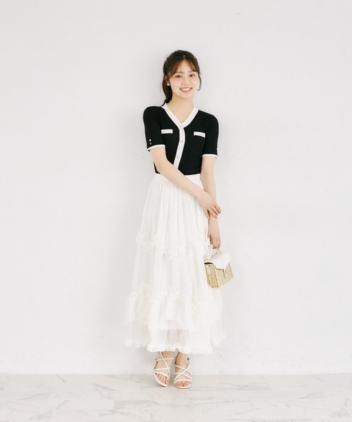tocco closet(トッコ クローゼット)の「【ZOZO限定】接触冷感フェイクポケット装飾Vネック配色半袖リブニットトップス(Tシャツ/カットソー・レディース・ネイビー/オフホワイト/ピンク/ブラック/ミント・M)」の11枚目の写真