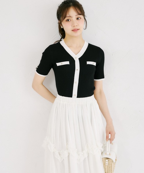 tocco closet(トッコ クローゼット)の「【ZOZO限定】接触冷感フェイクポケット装飾Vネック配色半袖リブニットトップス(Tシャツ/カットソー・レディース・ネイビー/オフホワイト/ピンク/ブラック/ミント・M)」の13枚目の写真