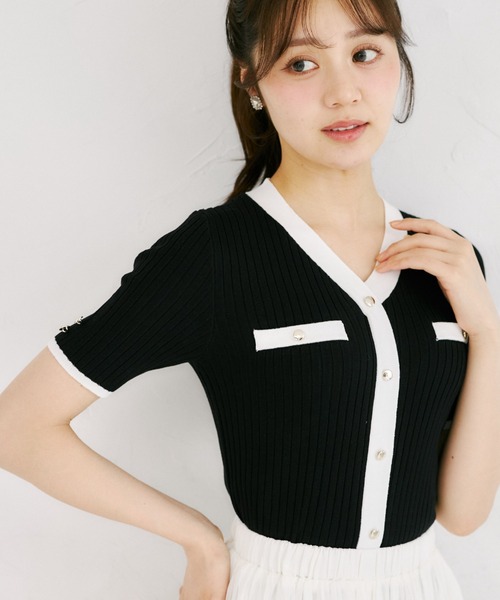 tocco closet(トッコ クローゼット)の「【ZOZO限定】接触冷感フェイクポケット装飾Vネック配色半袖リブニットトップス(Tシャツ/カットソー・レディース・ネイビー/オフホワイト/ピンク/ブラック/ミント・M)」の15枚目の写真