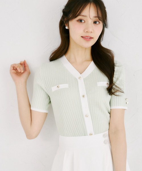tocco closet(トッコ クローゼット)の「【ZOZO限定】接触冷感フェイクポケット装飾Vネック配色半袖リブニットトップス(Tシャツ/カットソー・レディース・ネイビー/オフホワイト/ピンク/ブラック/ミント・M)」の19枚目の写真