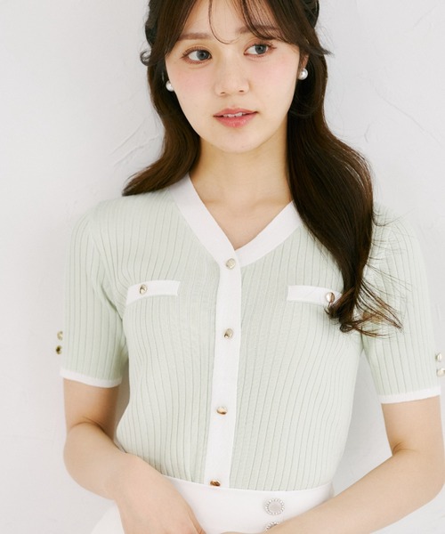 tocco closet(トッコ クローゼット)の「【ZOZO限定】接触冷感フェイクポケット装飾Vネック配色半袖リブニットトップス(Tシャツ/カットソー・レディース・ネイビー/オフホワイト/ピンク/ブラック/ミント・M)」の20枚目の写真