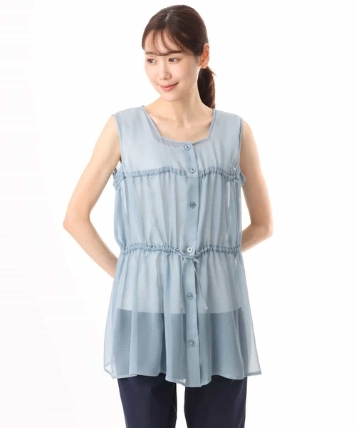 MK MICHEL KLEIN（エムケーミッシェルクラン）の「[洗える]スクエアネックシアーブラウス（シャツ/ブラウス・レディース・ブラック/ライトブルー・38）」の6枚目の写真