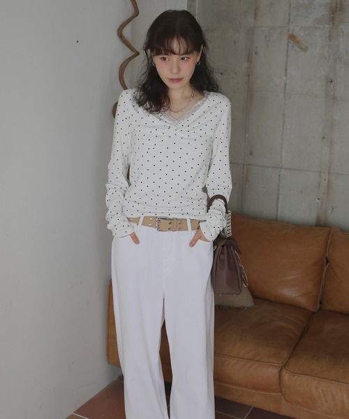 Mili affinity(ミリアフィニティー)の「Vネックレース付きフロントデザイントップス(Tシャツ/カットソー・レディース・杢グレー/オフホワイト/ブラック・FREE)」の14枚目の写真
