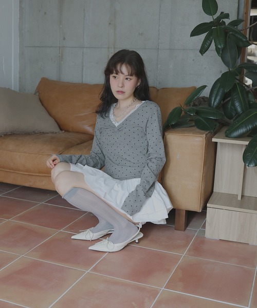 Mili affinity(ミリアフィニティー)の「Vネックレース付きフロントデザイントップス(Tシャツ/カットソー・レディース・杢グレー/オフホワイト/ブラック・FREE)」の9枚目の写真