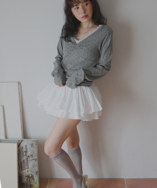Mili affinity(ミリアフィニティー)の「Vネックレース付きフロントデザイントップス(Tシャツ/カットソー・レディース・杢グレー/オフホワイト/ブラック・FREE)」の5枚目の写真
