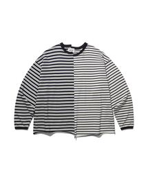 ANGLAN（アングラン）の「Unbalanced Stripe Long Sleeve - Navy（Tシャツ/カットソー）」