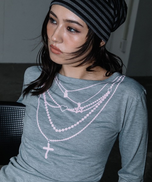 3.3 Field Trip (3.3フィールドトリップ)の「3.3 Field Trip/アクセプリント薄手ロングスリーブトップス(Tシャツ/カットソー・レディース・ブラック/ホワイト/グレー・FREE)」の3枚目の写真