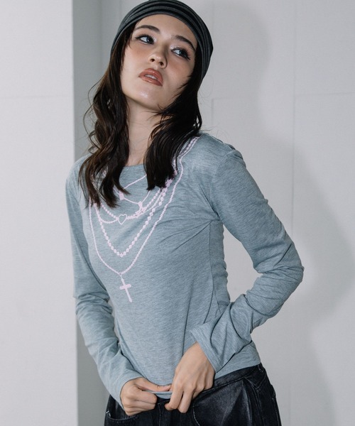 3.3 Field Trip (3.3フィールドトリップ)の「3.3 Field Trip/アクセプリント薄手ロングスリーブトップス(Tシャツ/カットソー・レディース・ブラック/ホワイト/グレー・FREE)」の7枚目の写真