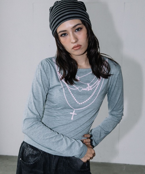 3.3 Field Trip (3.3フィールドトリップ)の「3.3 Field Trip/アクセプリント薄手ロングスリーブトップス(Tシャツ/カットソー・レディース・ブラック/ホワイト/グレー・FREE)」の8枚目の写真