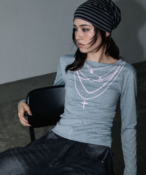 3.3 Field Trip (3.3フィールドトリップ)の「3.3 Field Trip/アクセプリント薄手ロングスリーブトップス(Tシャツ/カットソー・レディース・ブラック/ホワイト/グレー・FREE)」の12枚目の写真
